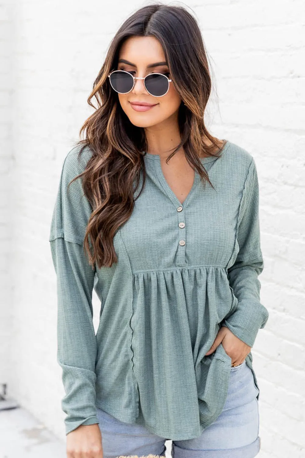 Buttoned Splicing Long Sleeve Blouse