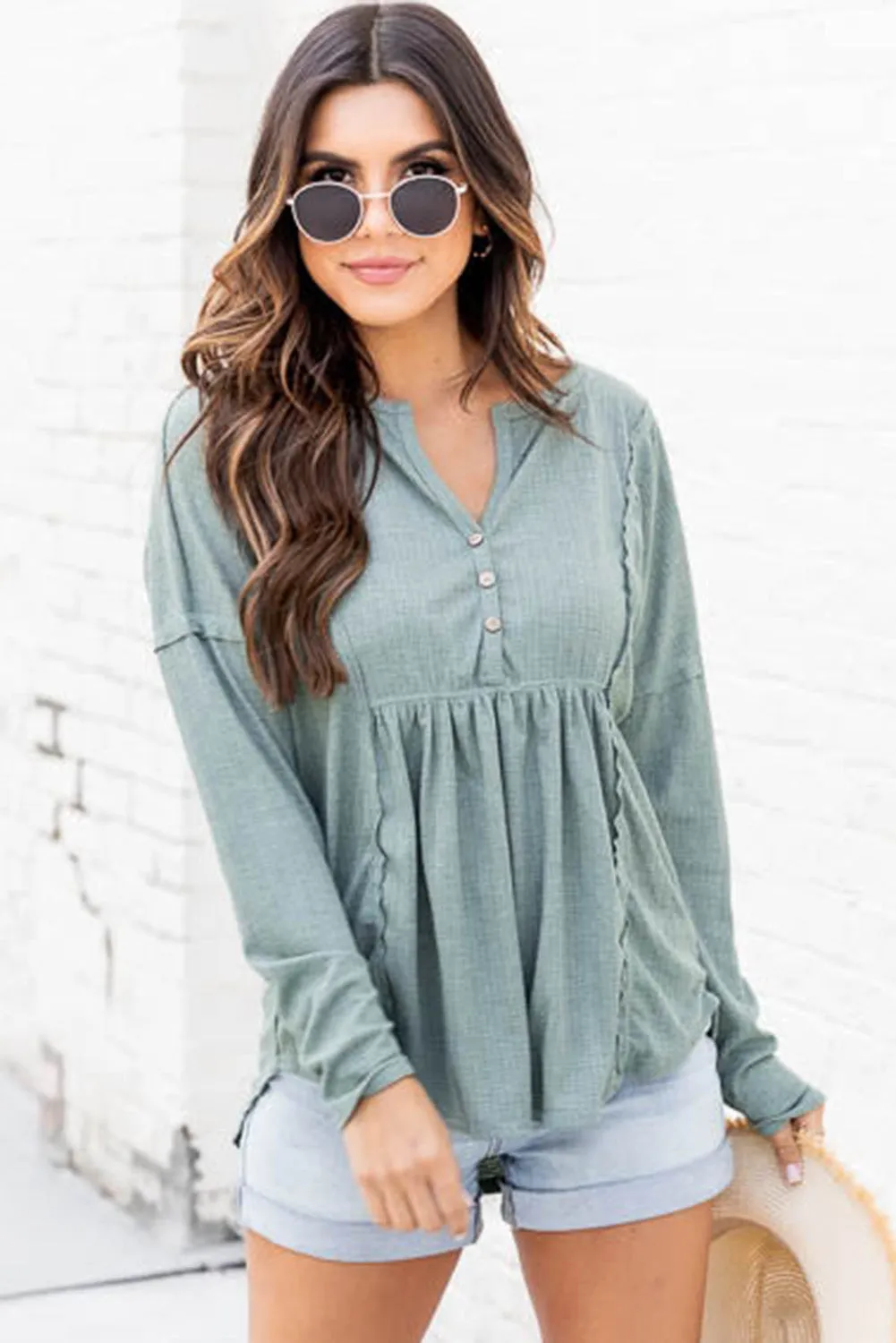 Buttoned Splicing Long Sleeve Blouse