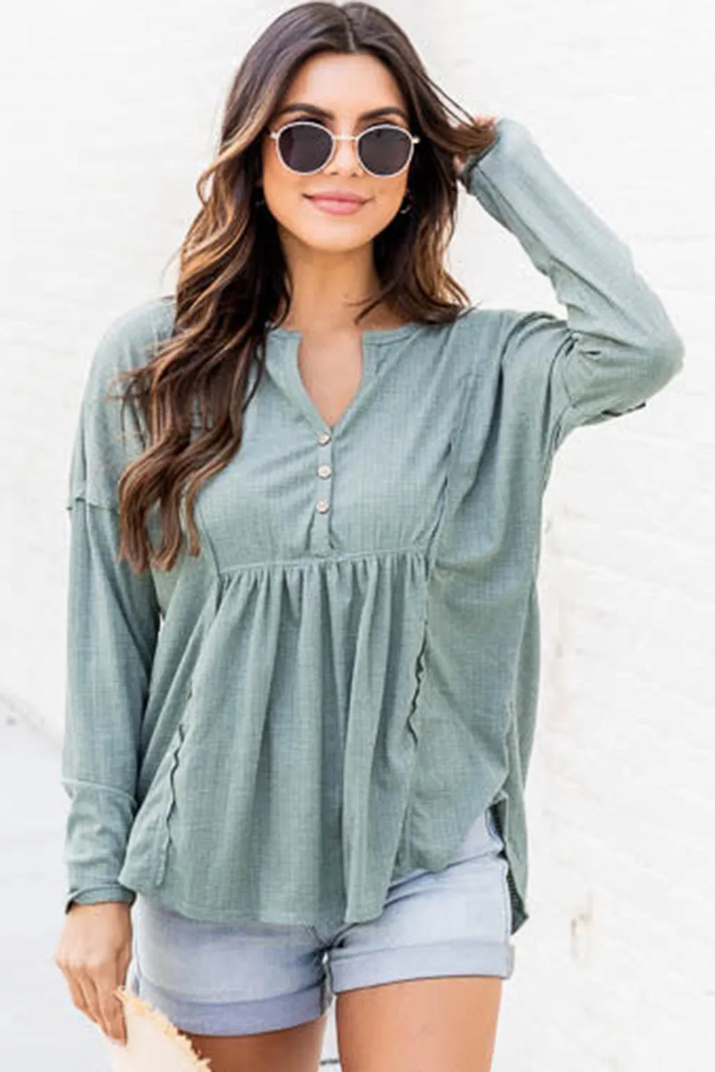 Buttoned Splicing Long Sleeve Blouse