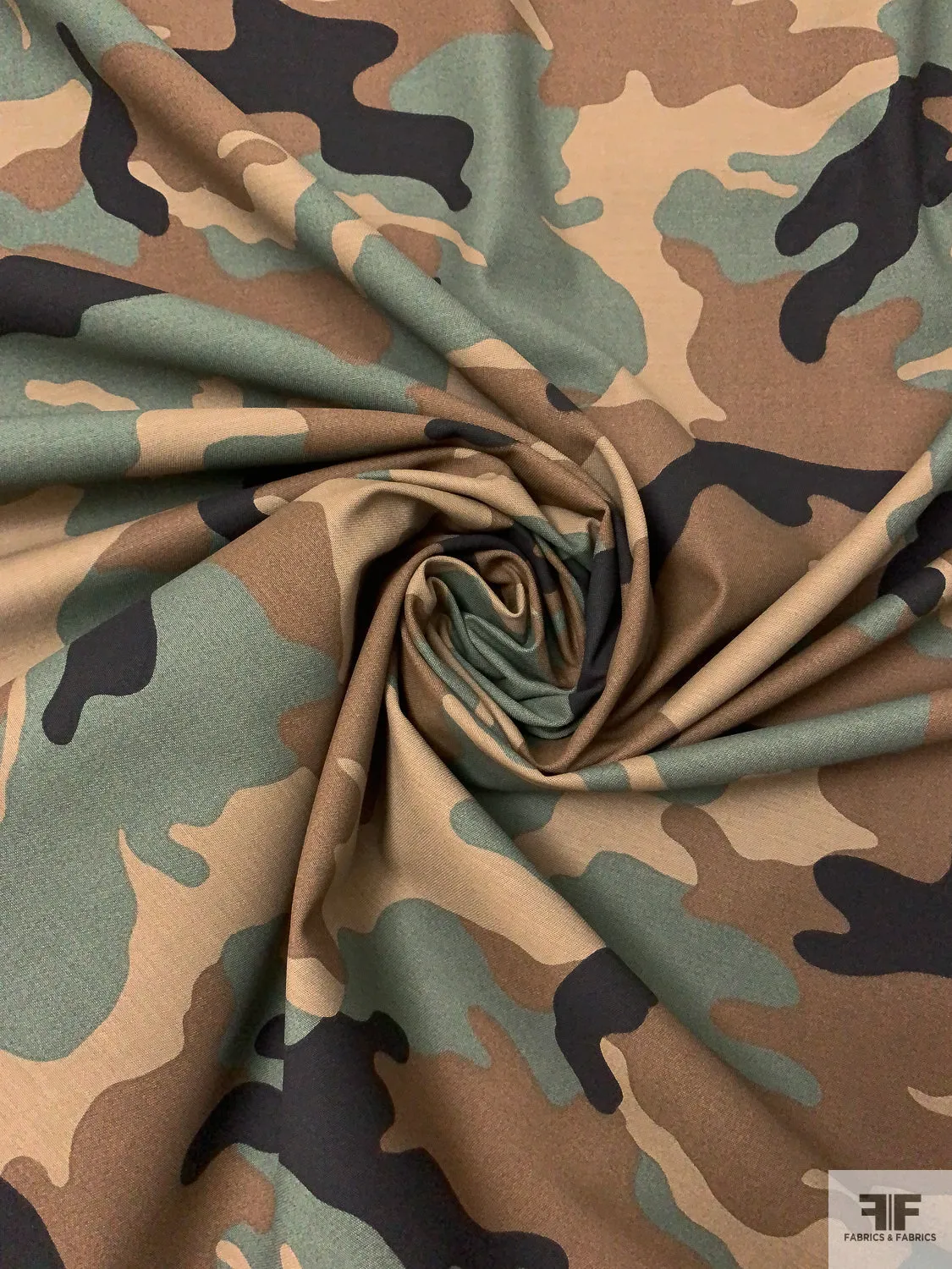 Camouflage Reverse Printed Stretch Cotton Twill - Brown / Dusty Sage / Tan / Black