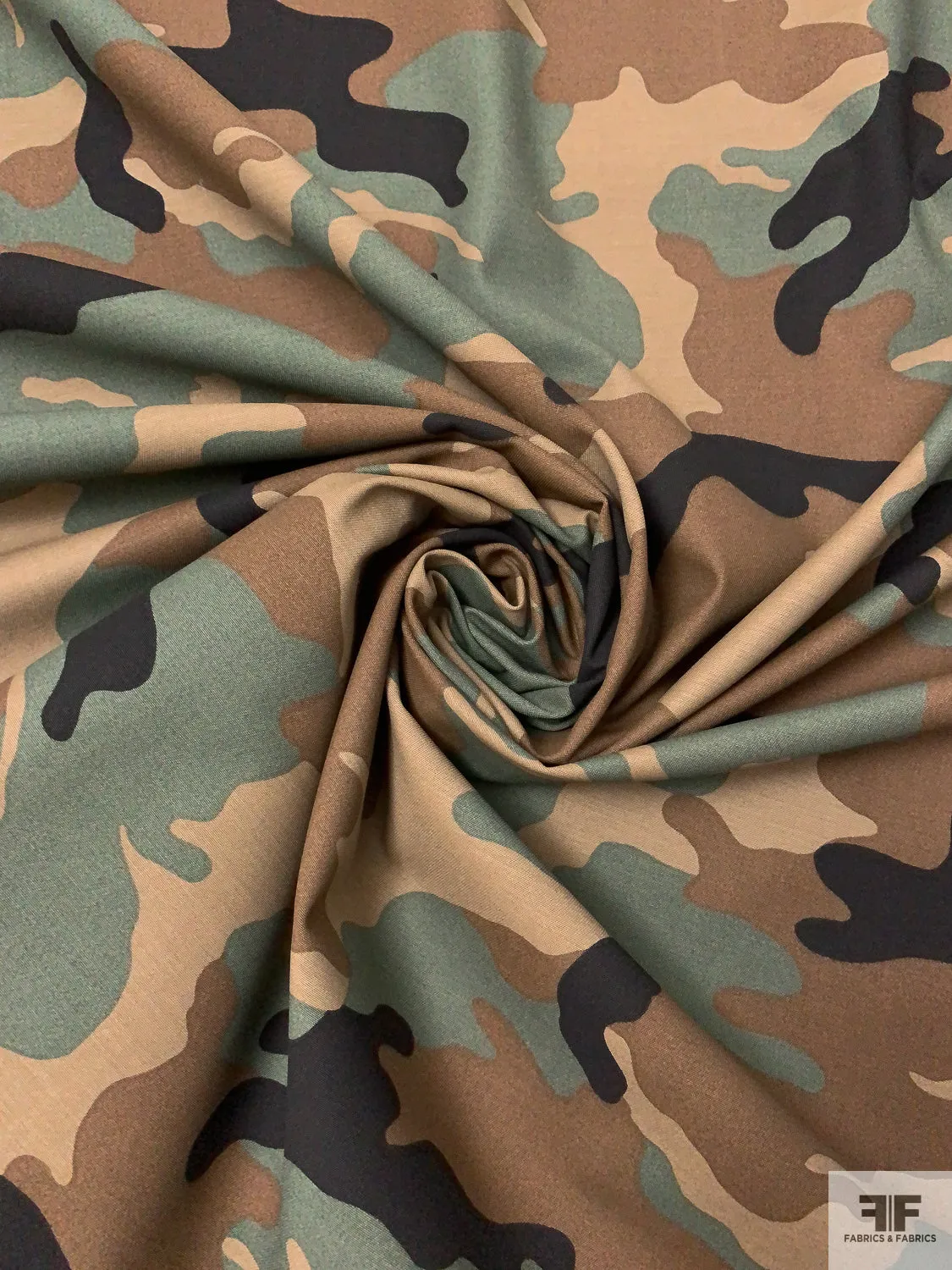 Camouflage Reverse Printed Stretch Cotton Twill - Brown / Dusty Sage / Tan / Black