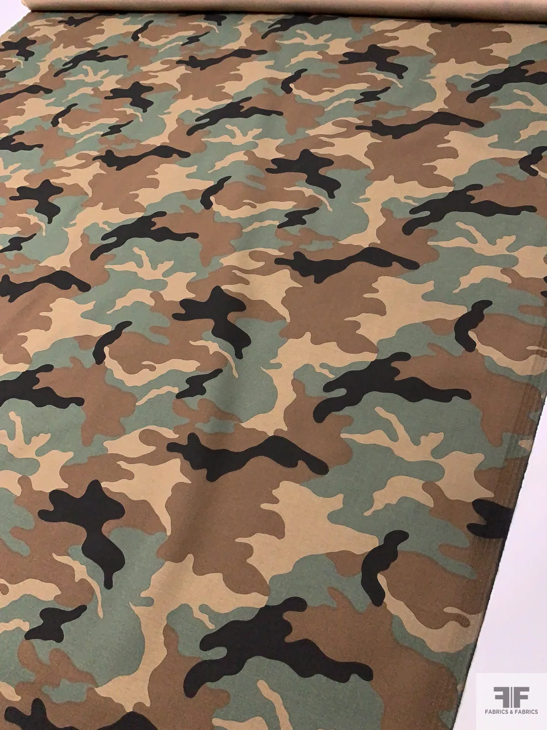 Camouflage Reverse Printed Stretch Cotton Twill - Brown / Dusty Sage / Tan / Black