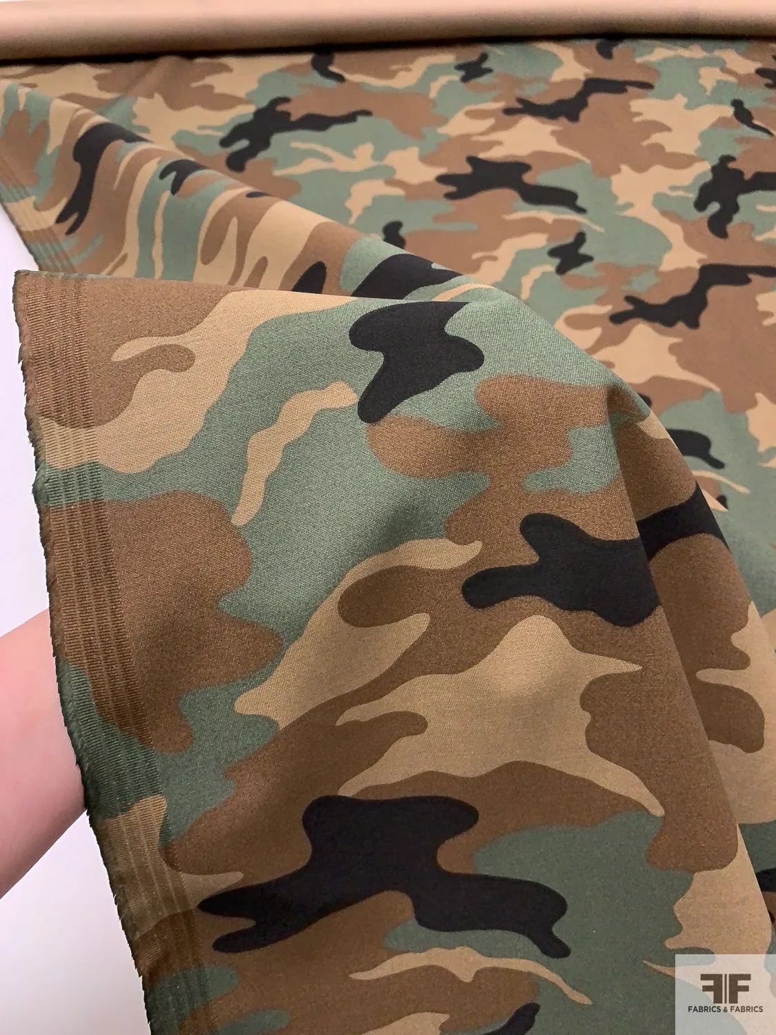 Camouflage Reverse Printed Stretch Cotton Twill - Brown / Dusty Sage / Tan / Black
