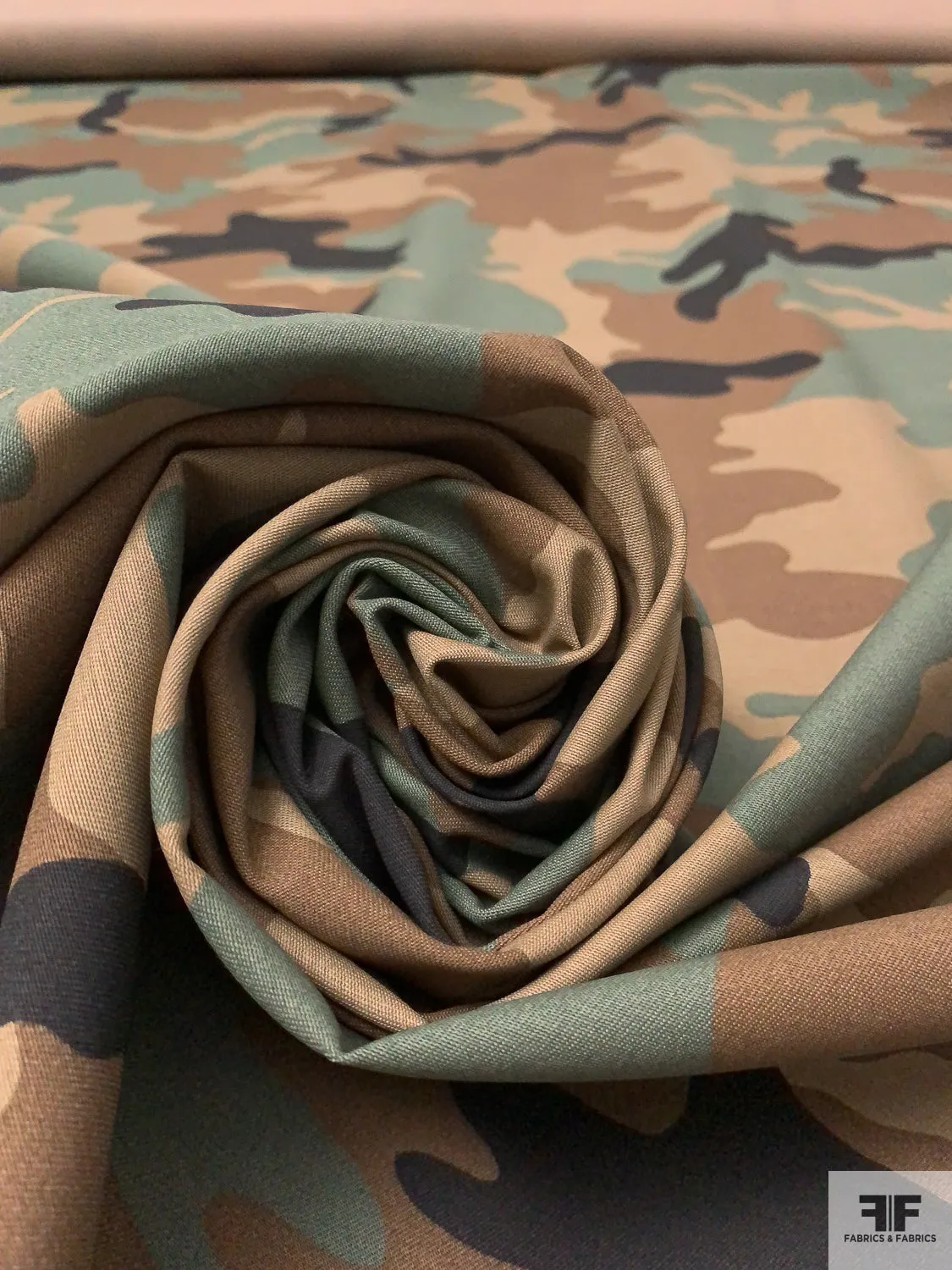 Camouflage Reverse Printed Stretch Cotton Twill - Brown / Dusty Sage / Tan / Black