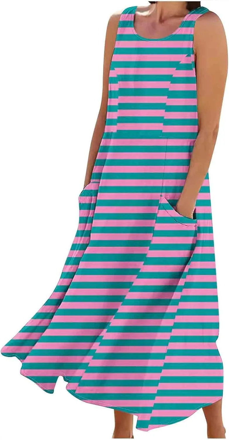 casual dresses for women summer sleeveless striped flowy ruffle dress long tshirt dress with pockets beach sundress