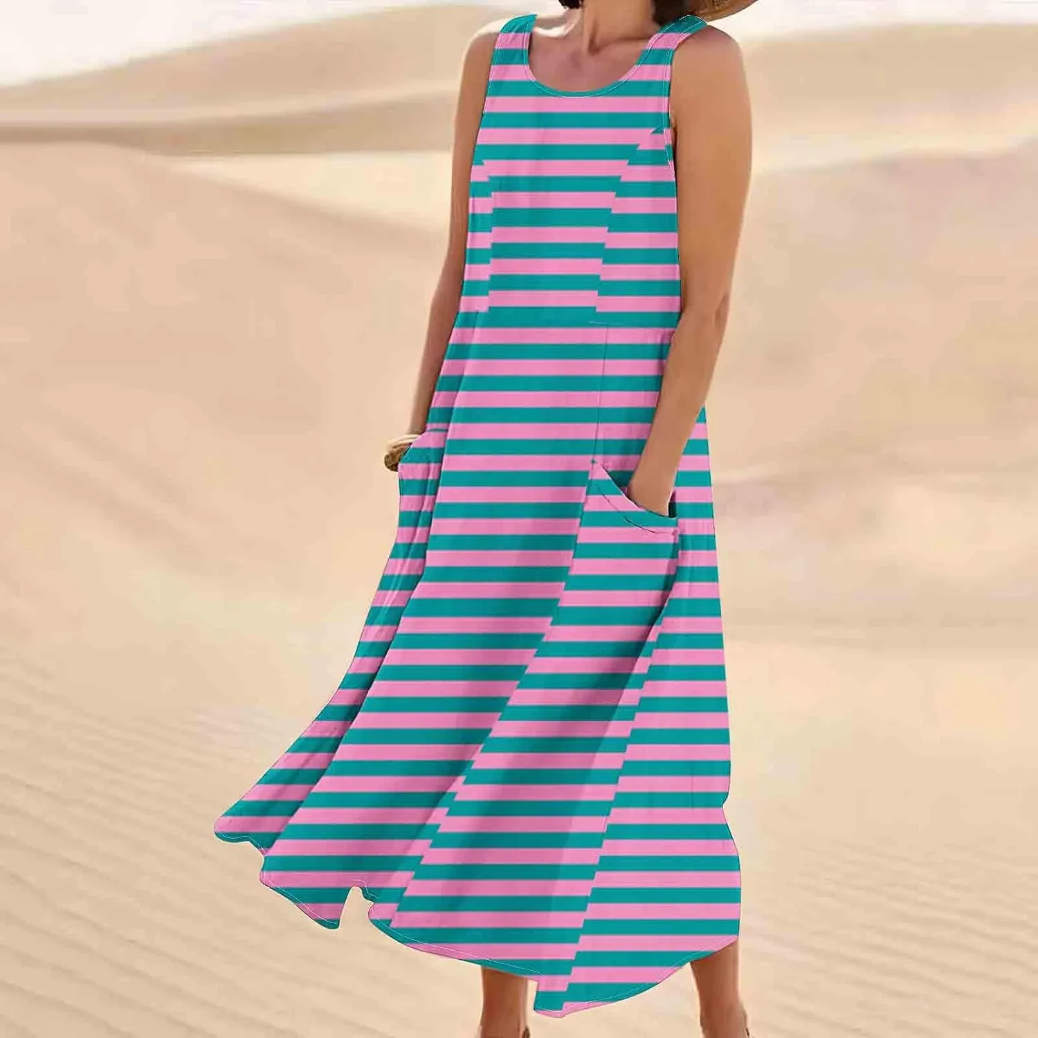 casual dresses for women summer sleeveless striped flowy ruffle dress long tshirt dress with pockets beach sundress
