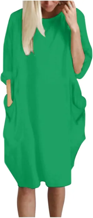 Casual Summer Dresses for Women 2024 Plus Size Loose Fit Knee Length Dresses Solid Round Neck Dresses with Pockets