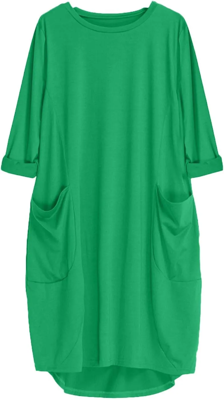 Casual Summer Dresses for Women 2024 Plus Size Loose Fit Knee Length Dresses Solid Round Neck Dresses with Pockets