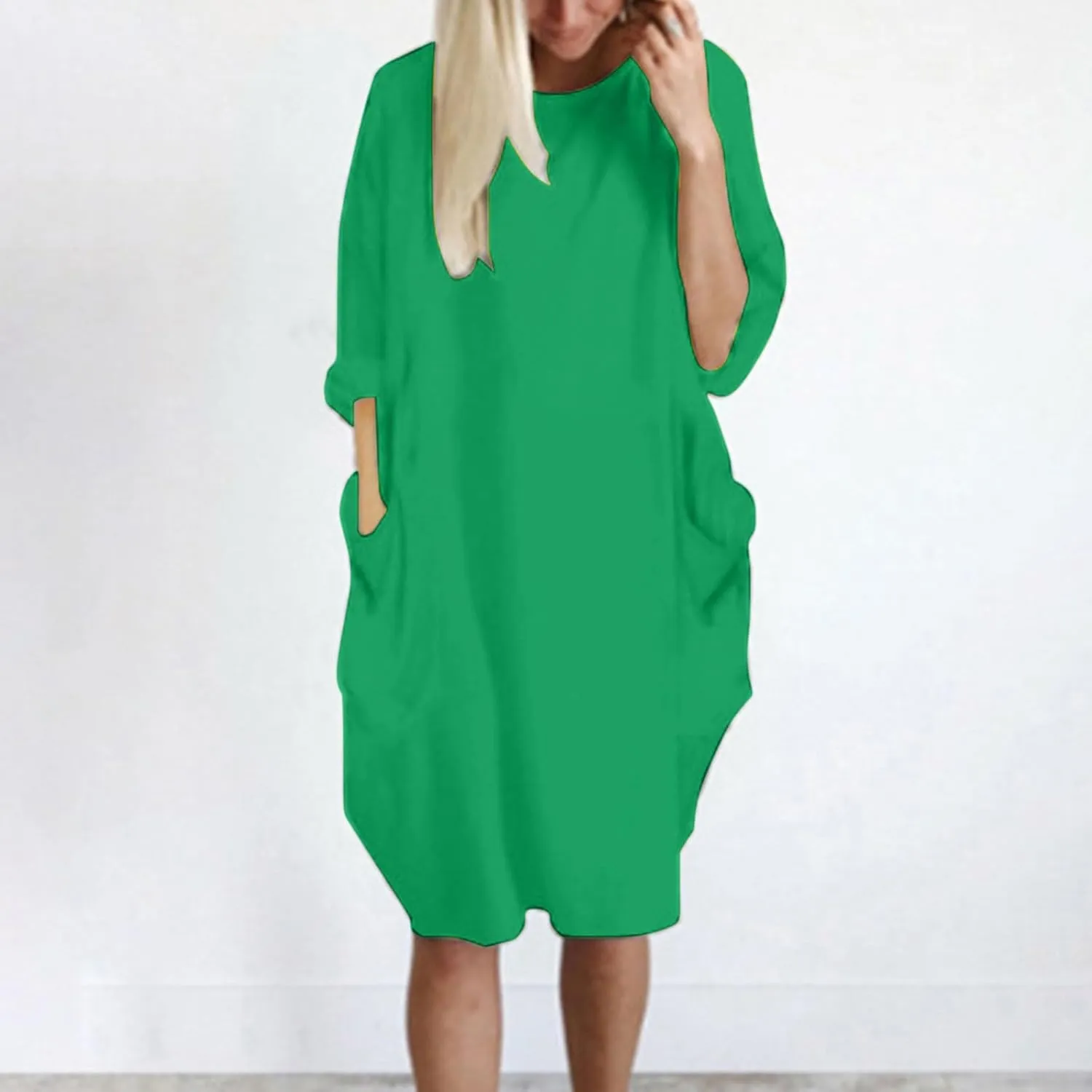 Casual Summer Dresses for Women 2024 Plus Size Loose Fit Knee Length Dresses Solid Round Neck Dresses with Pockets