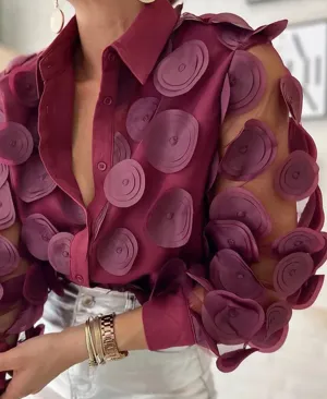 Chicmy-Spring Autumn 2025 New Top For Women Elegant Design Three-dimensional Flowers Transparent Thin Chiffon Shirt Long Sleeve