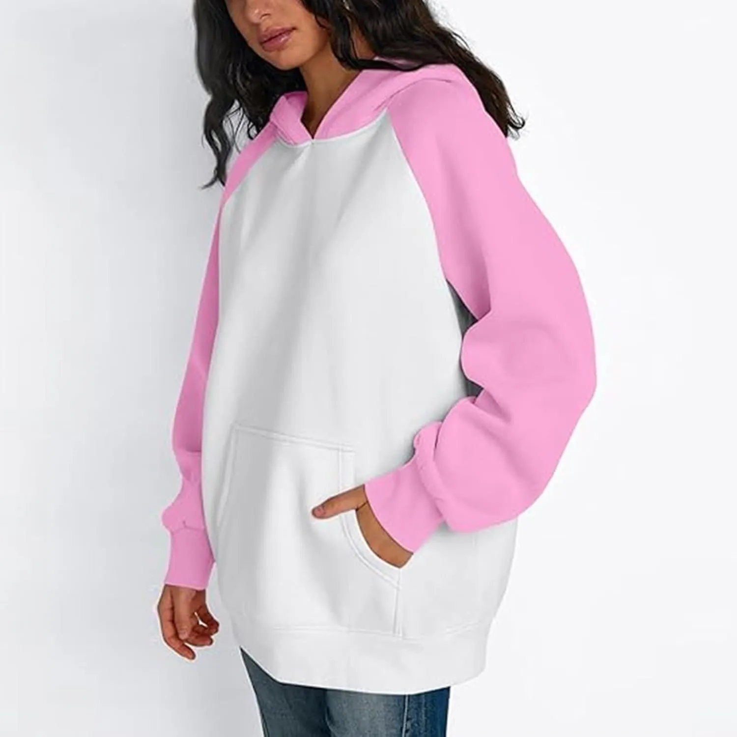 Color Block Hoodies for Women Trendy Oversized Raglan Sweatshirts Lightweight Fleece Cute Hoodies with Pockets