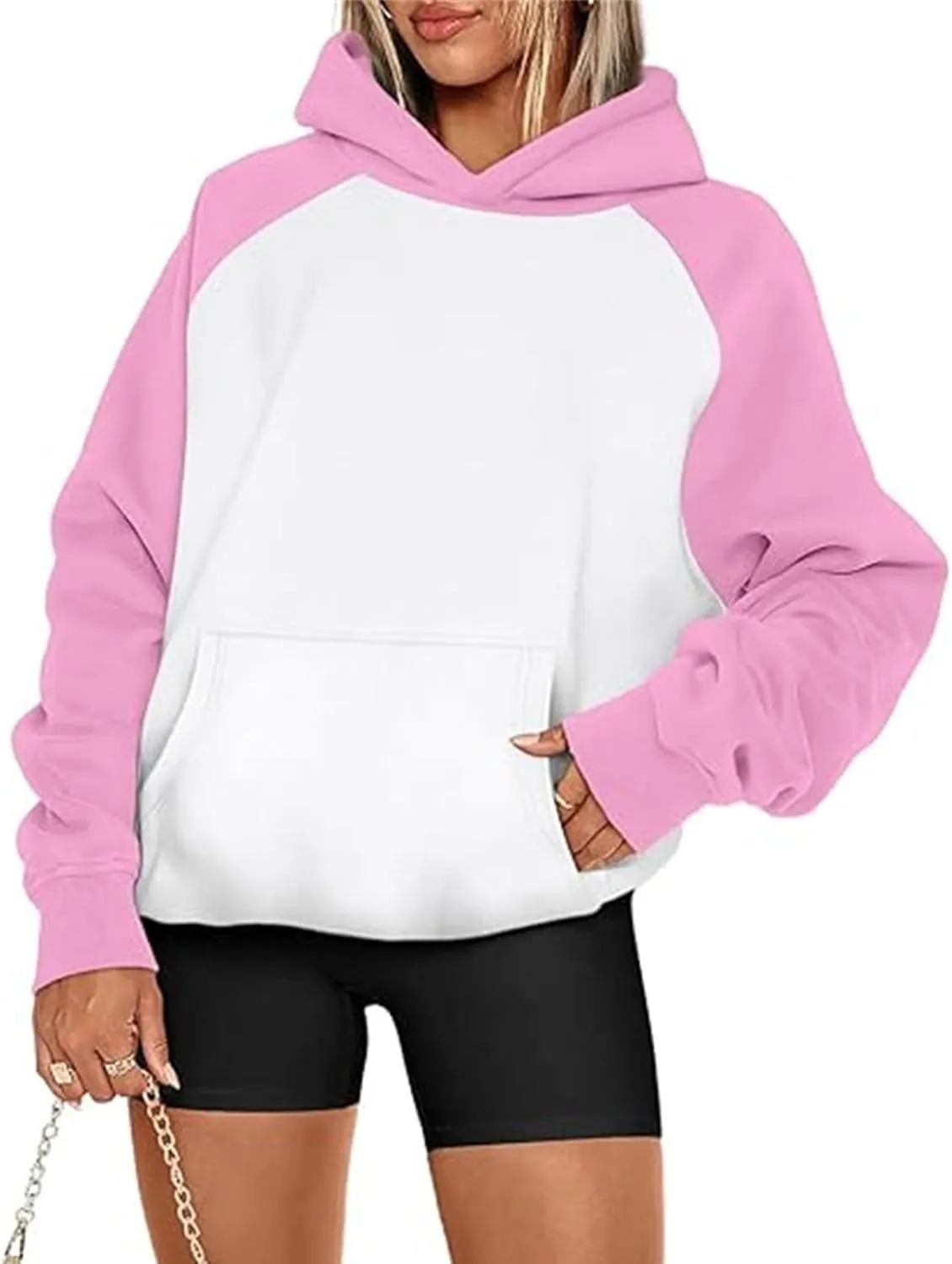Color Block Hoodies for Women Trendy Oversized Raglan Sweatshirts Lightweight Fleece Cute Hoodies with Pockets