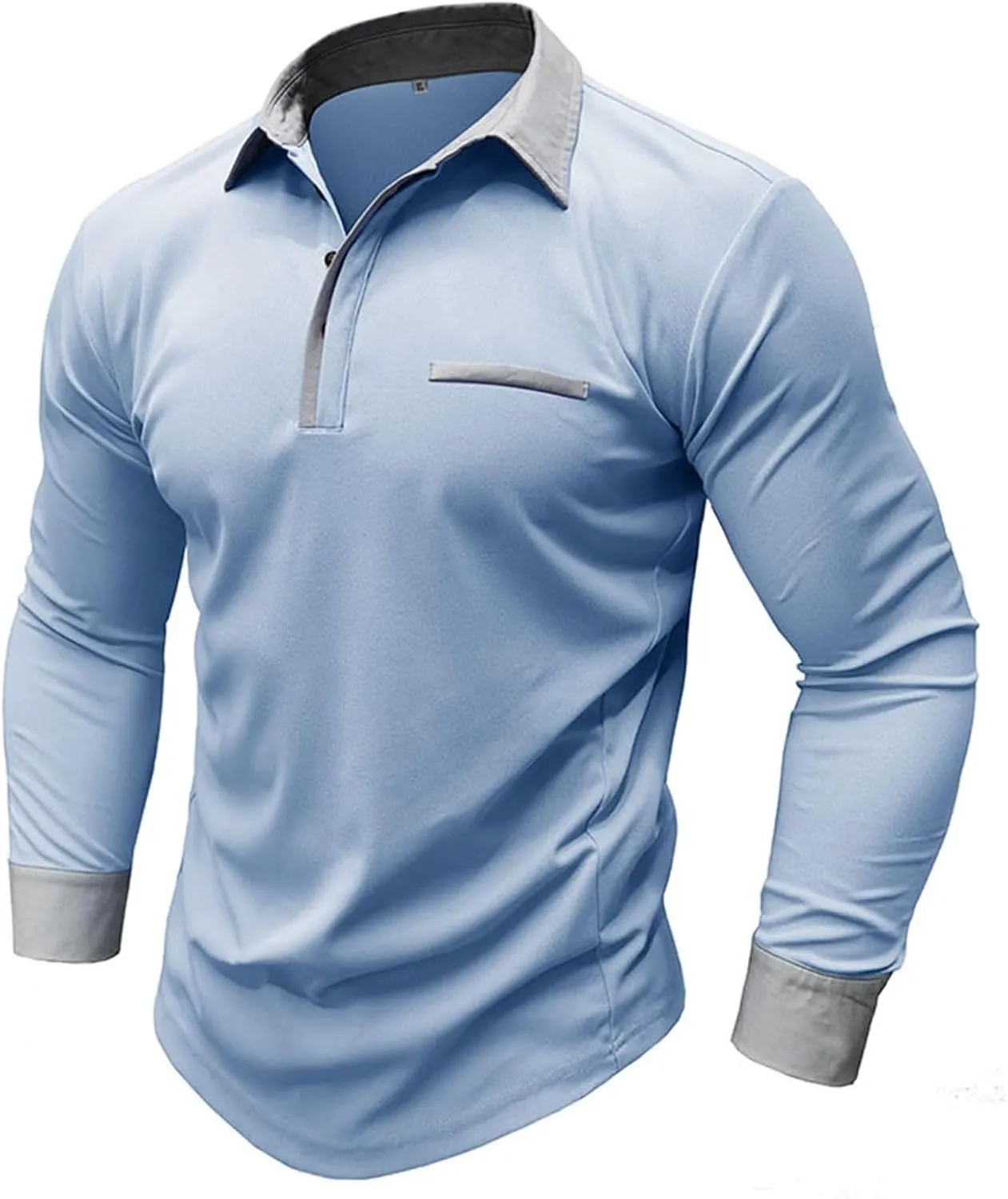 CRNTCEM Mens Long Sleeves Button Up Polo Shirts Chinos Cotton Slim Fit Tennis Shirts Lapel Collar Business Work Golf Teeshirt