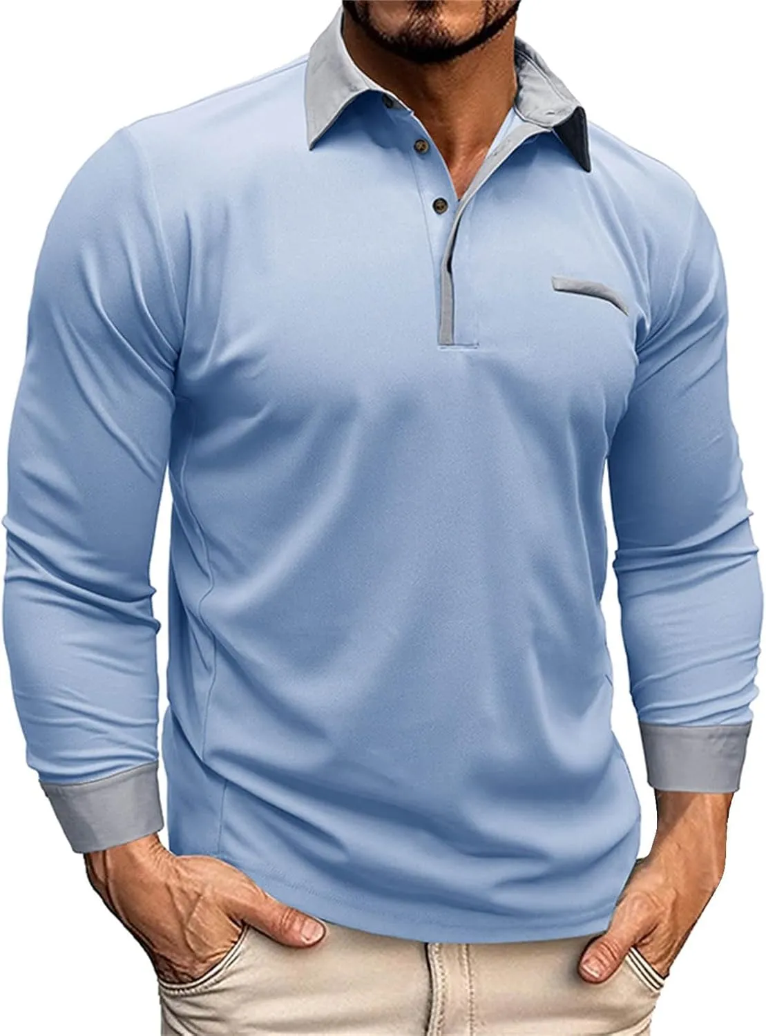 CRNTCEM Mens Long Sleeves Button Up Polo Shirts Chinos Cotton Slim Fit Tennis Shirts Lapel Collar Business Work Golf Teeshirt