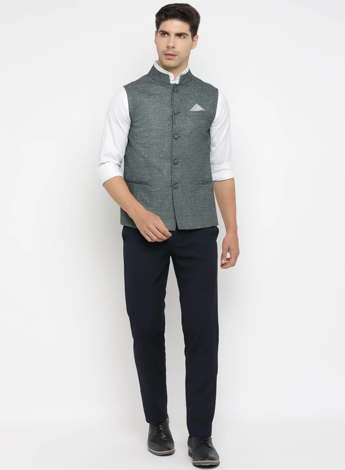 Dark Green Textured Nehru Jacket