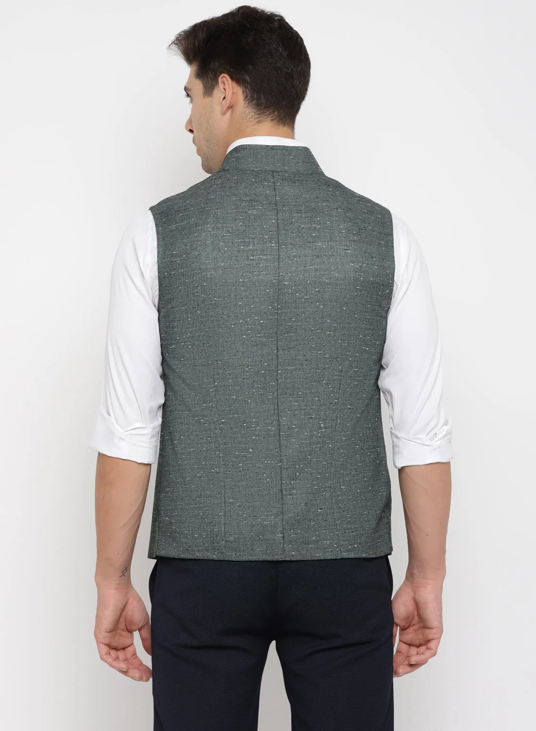 Dark Green Textured Nehru Jacket