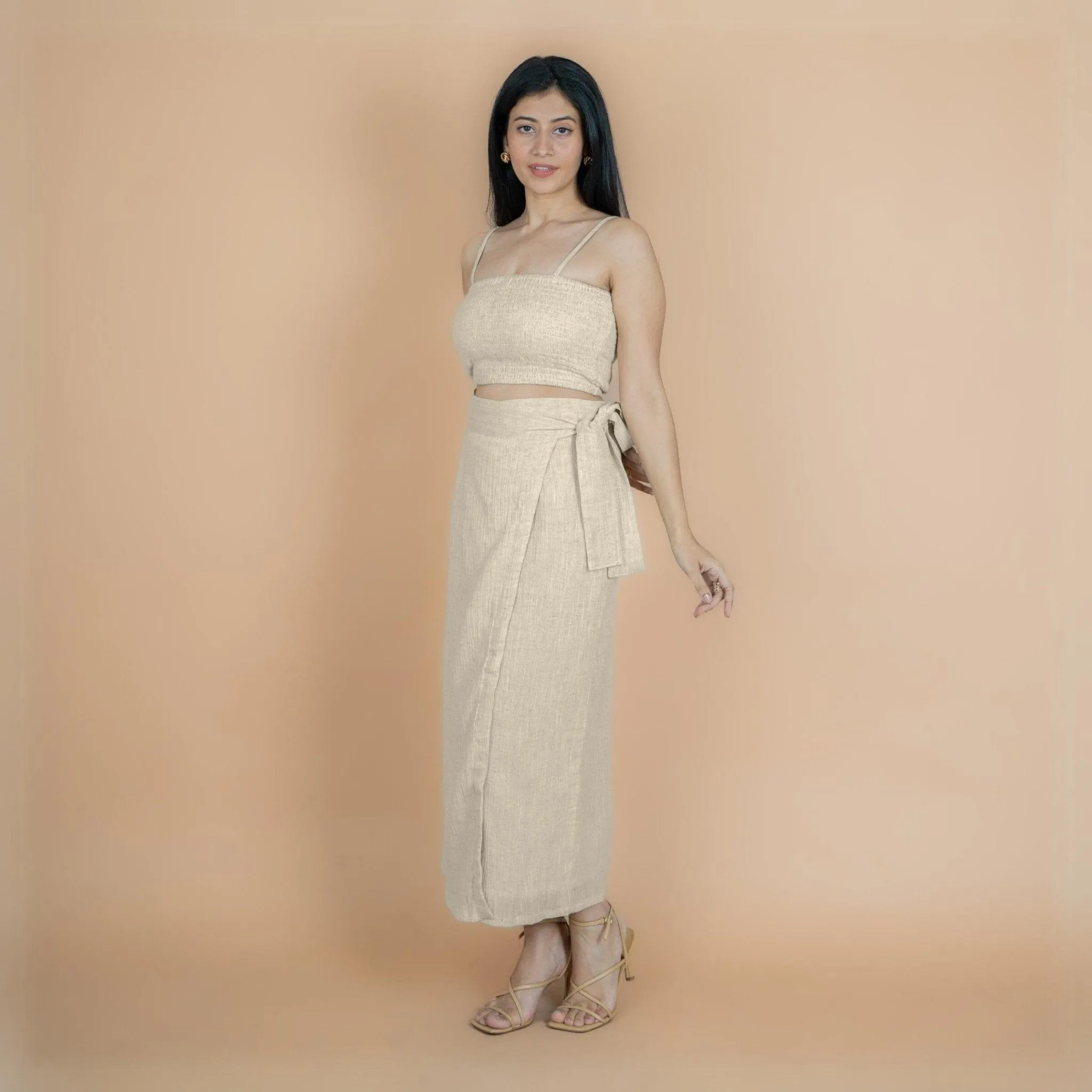 Ecru Undyed Crinkled Cotton Flax High-Rise Maxi Wrap Skirt