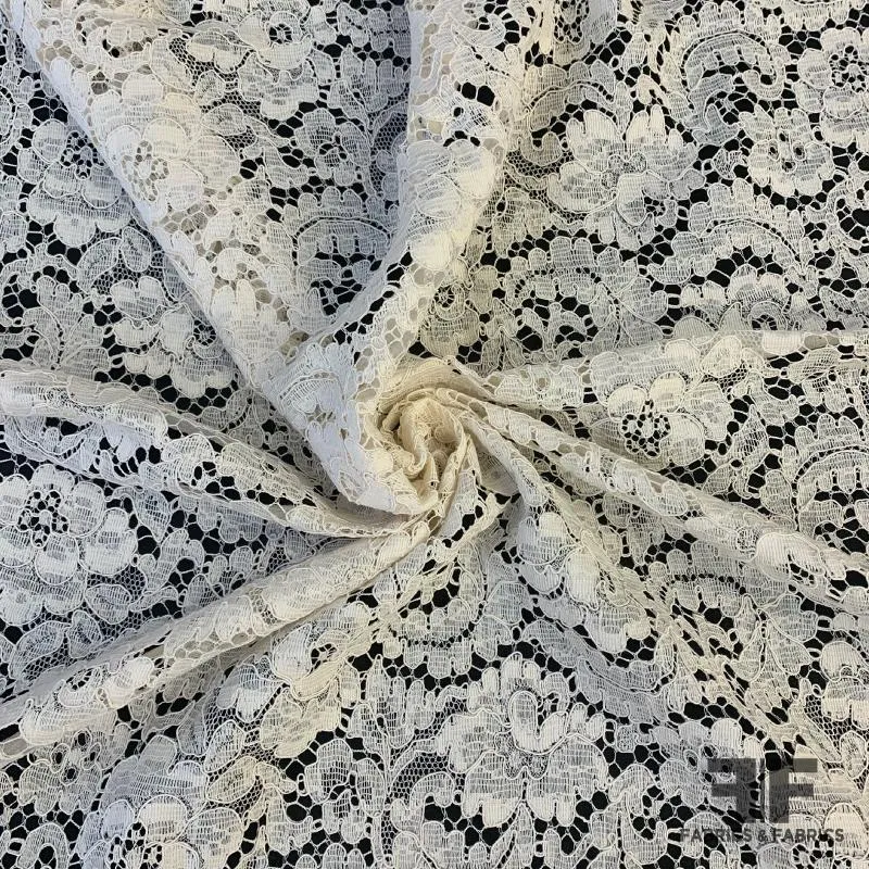 Floral and Scalloped French Chantilly Lace with Light Cording - Cream