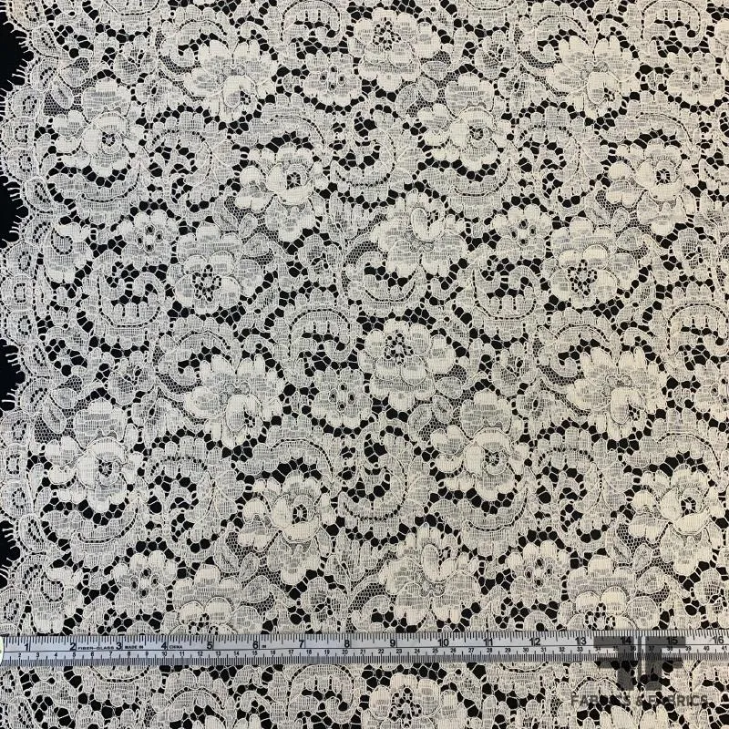 Floral and Scalloped French Chantilly Lace with Light Cording - Cream