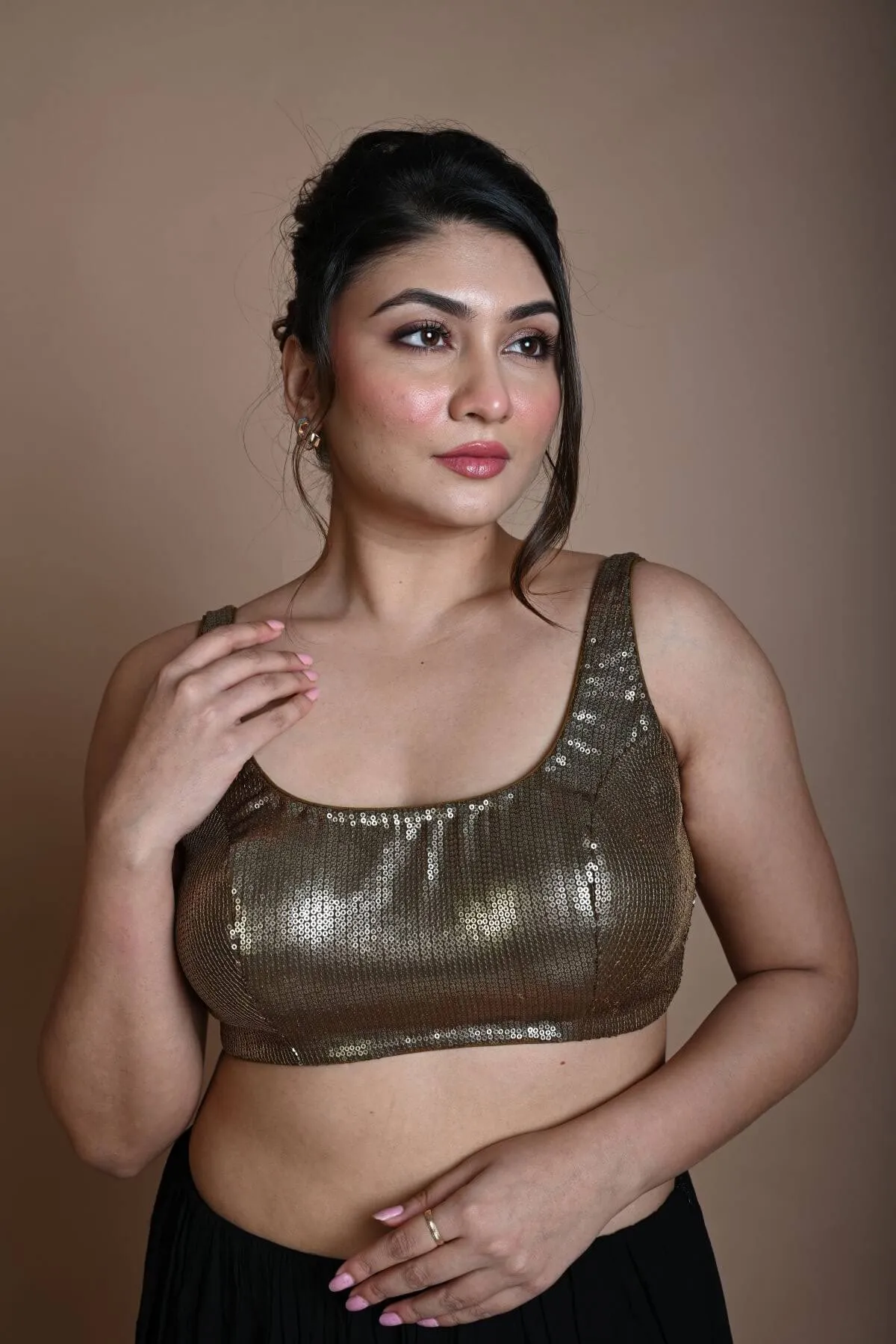 Gold Sleeveless Sequin Blouse with U-Neckline