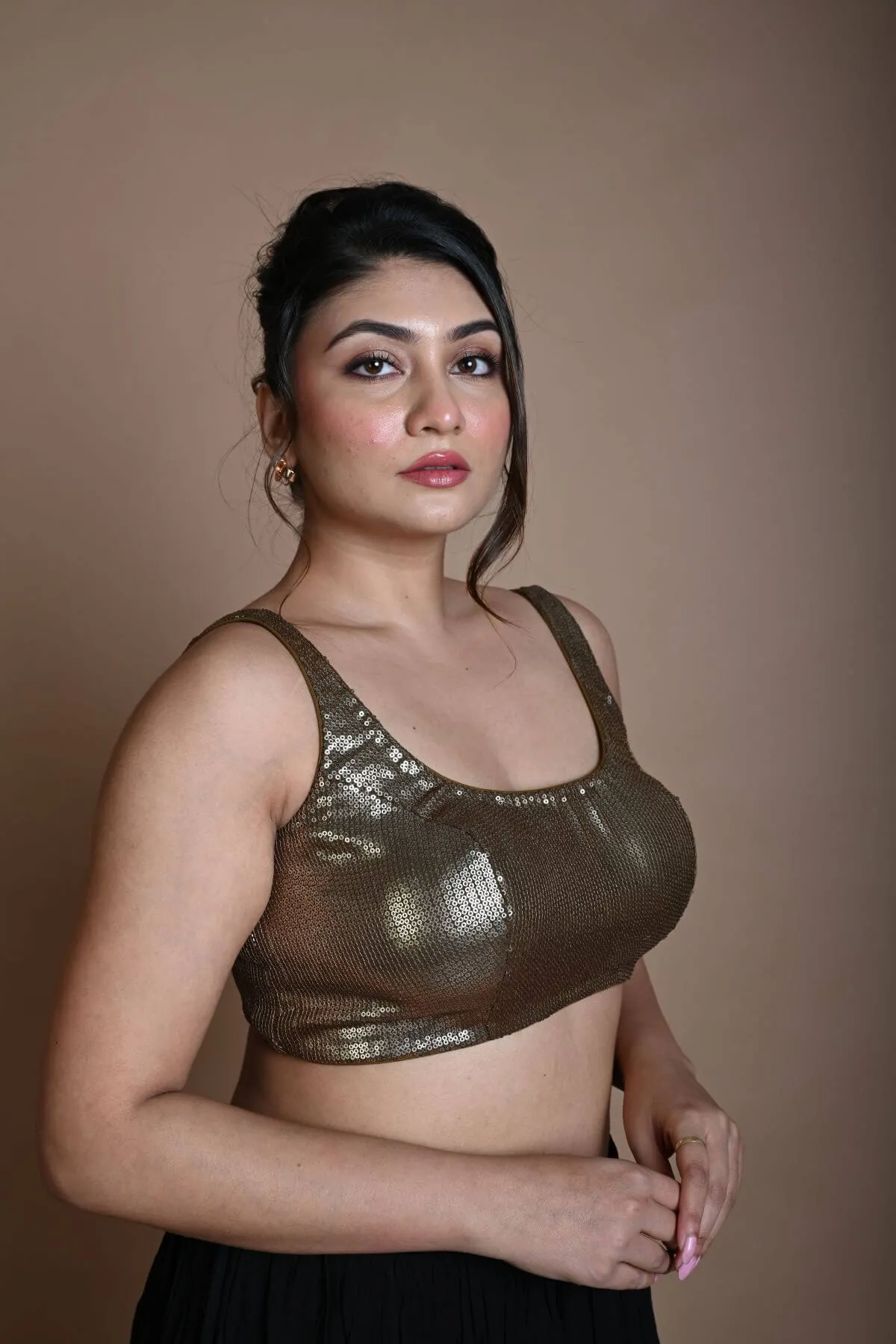 Gold Sleeveless Sequin Blouse with U-Neckline