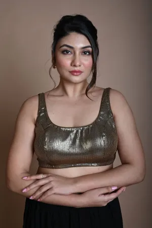 Gold Sleeveless Sequin Blouse with U-Neckline