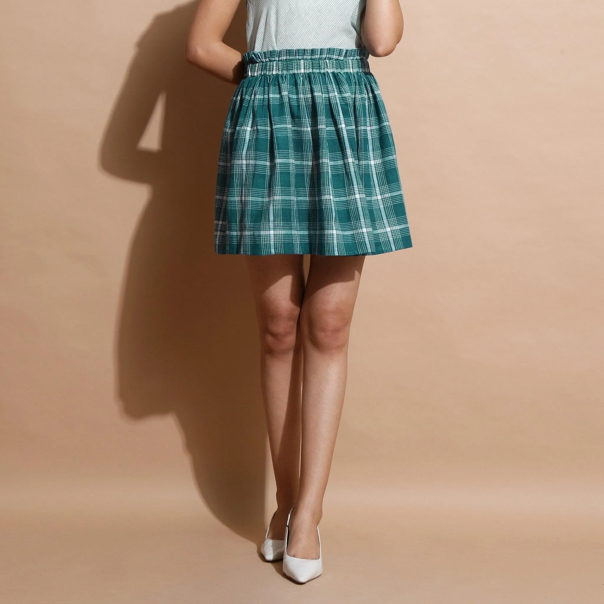 Green Check Handspun Cotton Elasticated Paperbag Short Skirt