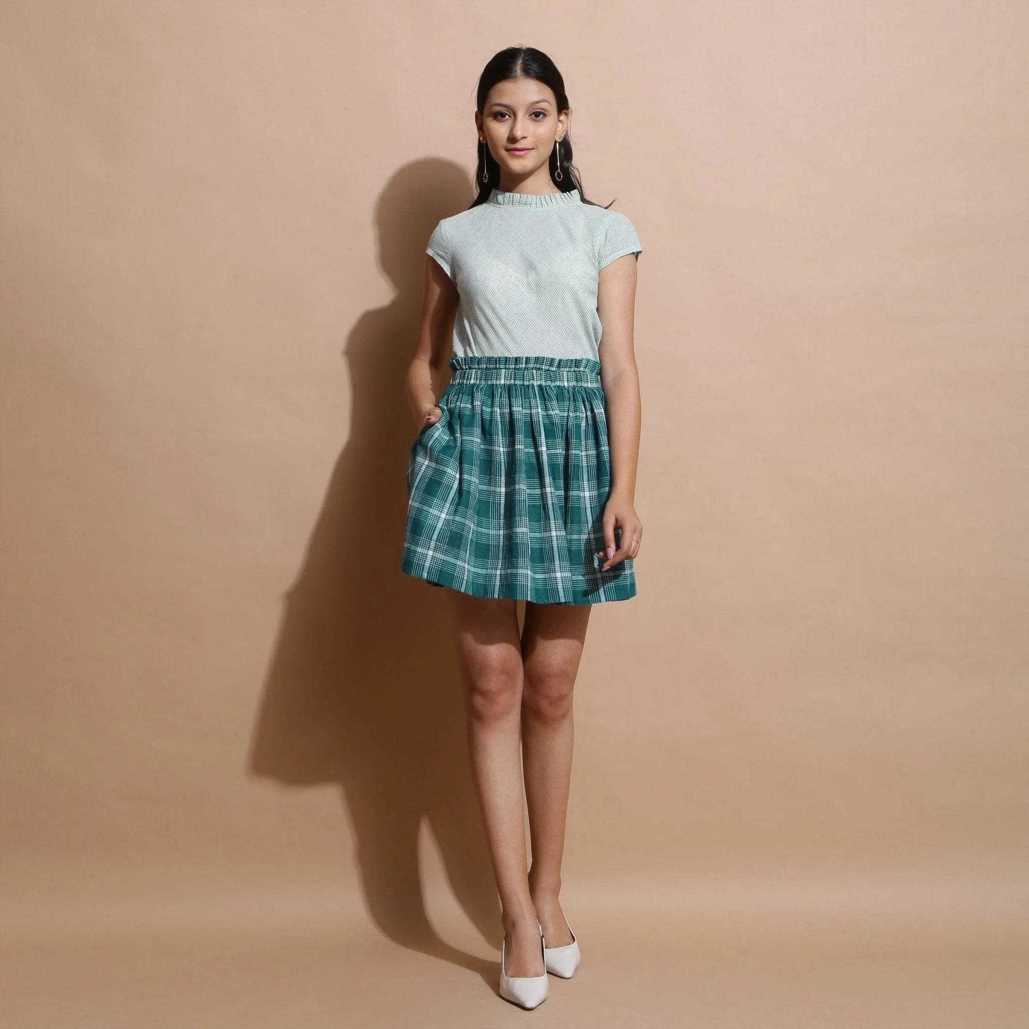 Green Check Handspun Cotton Elasticated Paperbag Short Skirt