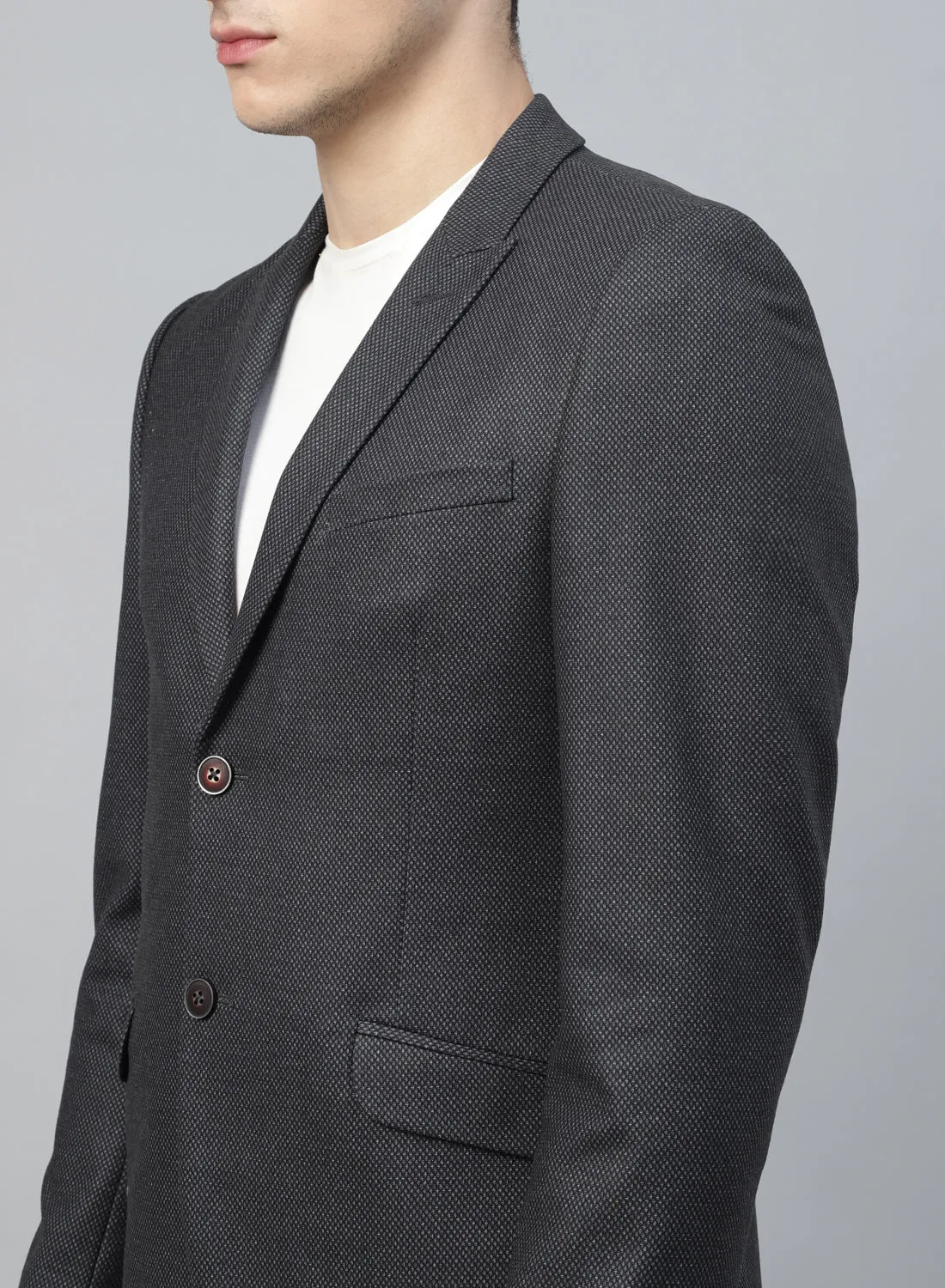 Grey Knit Textured Uncrushable Peak Collar Jacket
