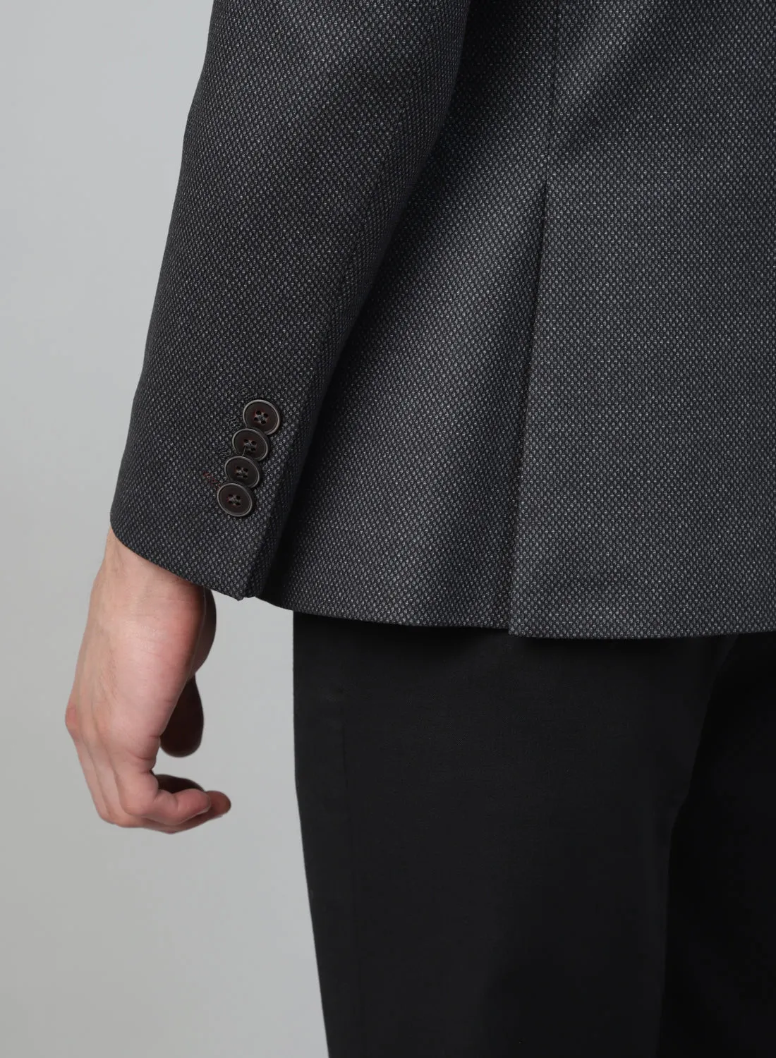 Grey Knit Textured Uncrushable Peak Collar Jacket