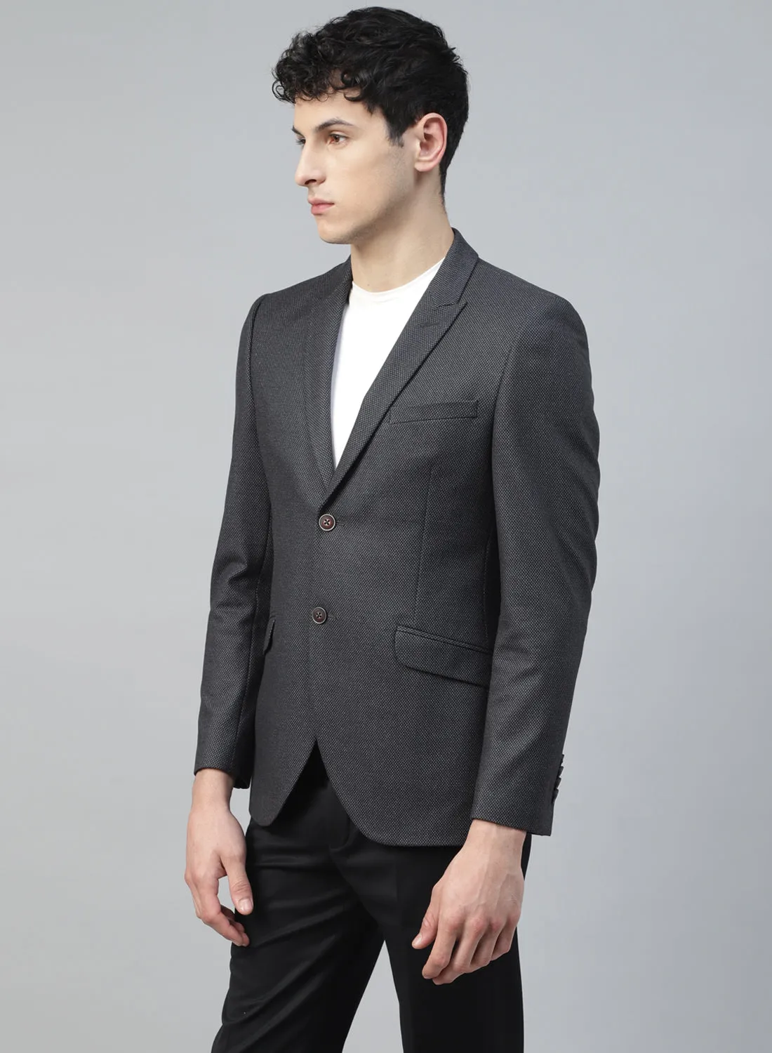 Grey Knit Textured Uncrushable Peak Collar Jacket