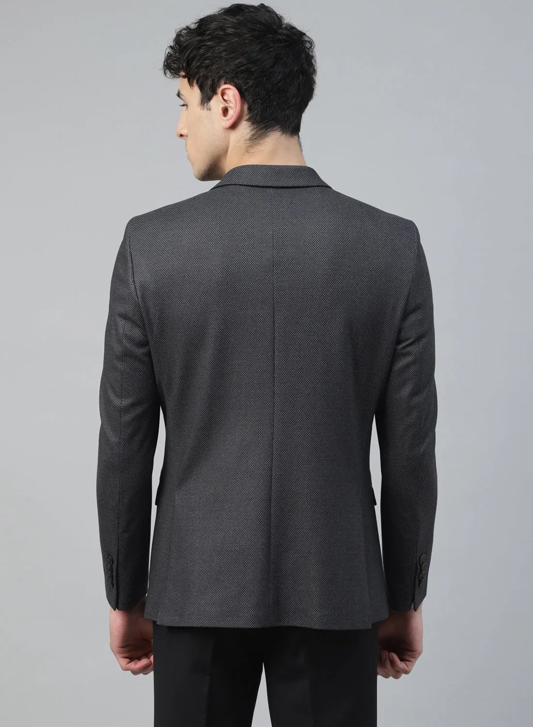 Grey Knit Textured Uncrushable Peak Collar Jacket