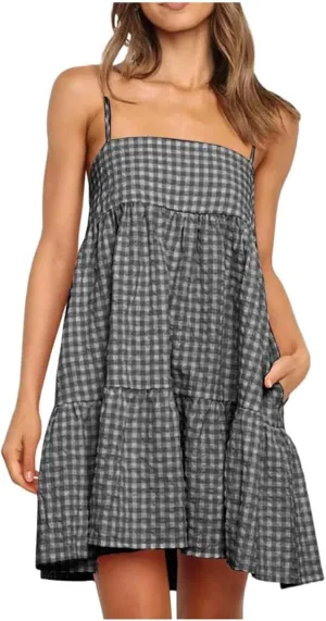 hlysgo Boho Dresses for Women 2025 Summer Spaghetti Strap Babydoll Sundress A-Line Gingham Beach Mini Dress with Pockets