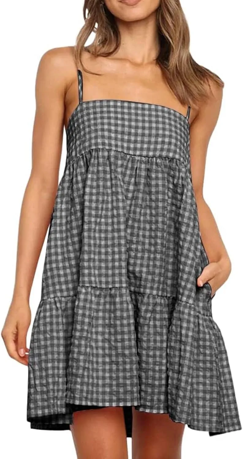 hlysgo Boho Dresses for Women 2025 Summer Spaghetti Strap Babydoll Sundress A-Line Gingham Beach Mini Dress with Pockets