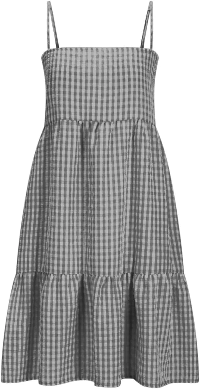 hlysgo Boho Dresses for Women 2025 Summer Spaghetti Strap Babydoll Sundress A-Line Gingham Beach Mini Dress with Pockets