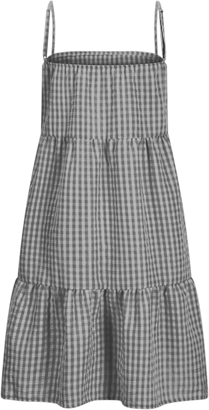 hlysgo Boho Dresses for Women 2025 Summer Spaghetti Strap Babydoll Sundress A-Line Gingham Beach Mini Dress with Pockets