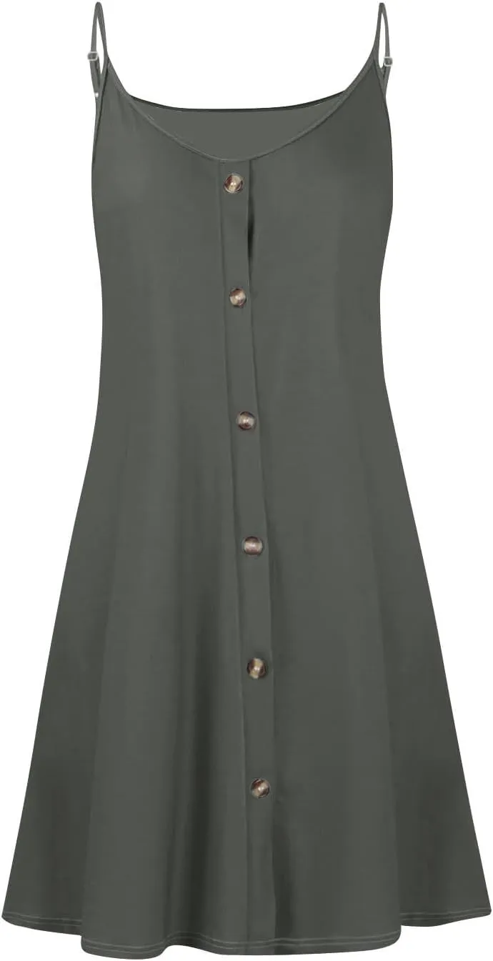 hlysgo Button Down Dresses for Women Casual Loose Fit Sleeveless V Neck Mini Sundress Summer Spaghetti Straps Beach Dress