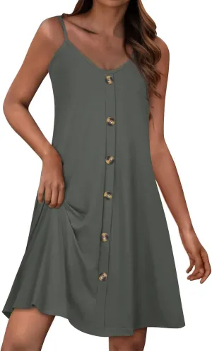 hlysgo Button Down Dresses for Women Casual Loose Fit Sleeveless V Neck Mini Sundress Summer Spaghetti Straps Beach Dress
