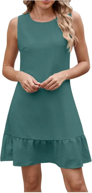 hlysgo Mini Dresses for Women 2025 Summer Sleeveless Crew Neck Beach Dress Casual Loose Fit Ruffled Hem Coverup Sundress