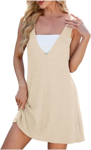 hlysgo Womens Mini Dress 2025 Summer Waffled V Neck Sleeveless Shorts Dresses Casual Loose Fit Beach Sundress for Ladies