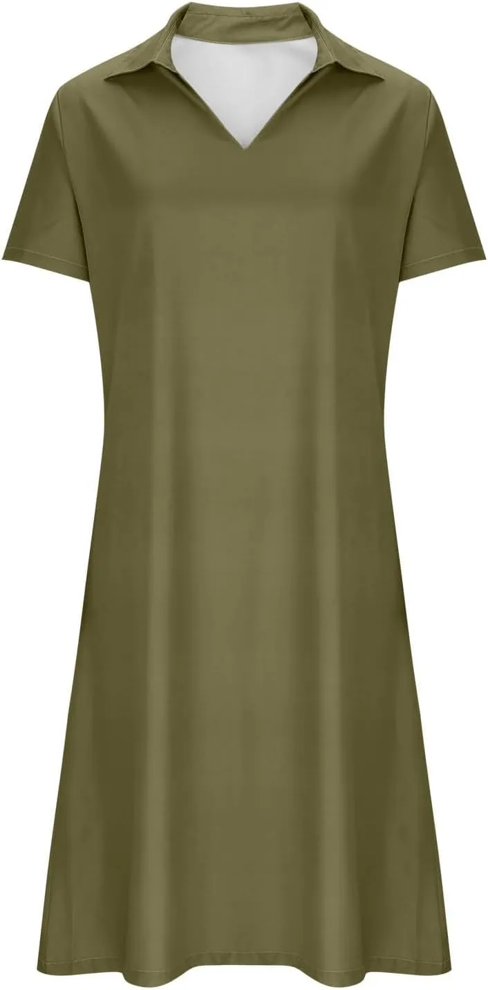 hlysgo Womens Summer Dresses 2025 Trendy Knee Length Vacation Beach Dress Casual Loose Fit Short Sleeve V Neck Mini Dresses