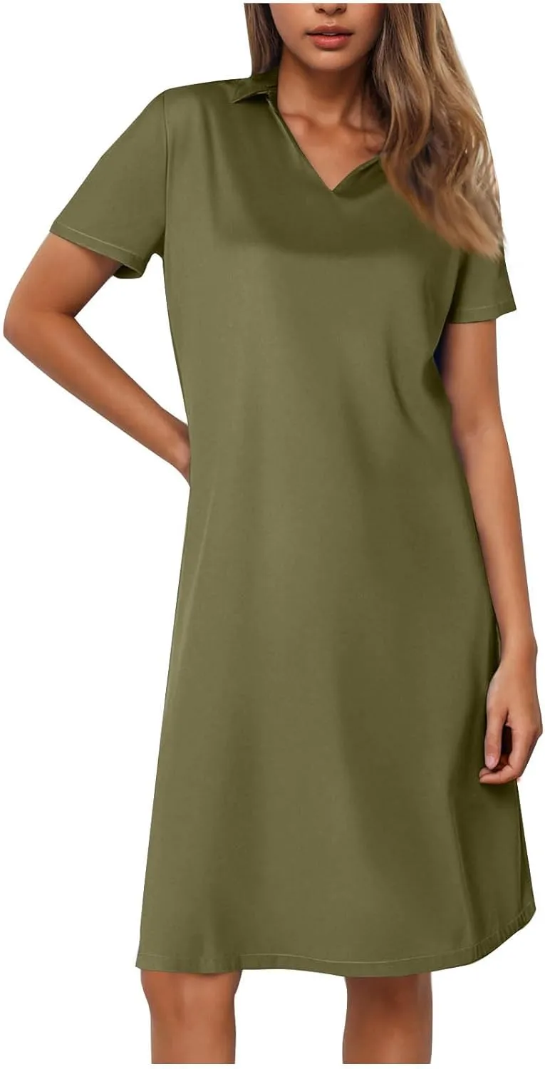 hlysgo Womens Summer Dresses 2025 Trendy Knee Length Vacation Beach Dress Casual Loose Fit Short Sleeve V Neck Mini Dresses