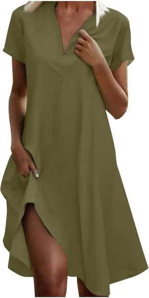 hlysgo Womens Summer Dresses 2025 Trendy Knee Length Vacation Beach Dress Casual Loose Fit Short Sleeve V Neck Mini Dresses