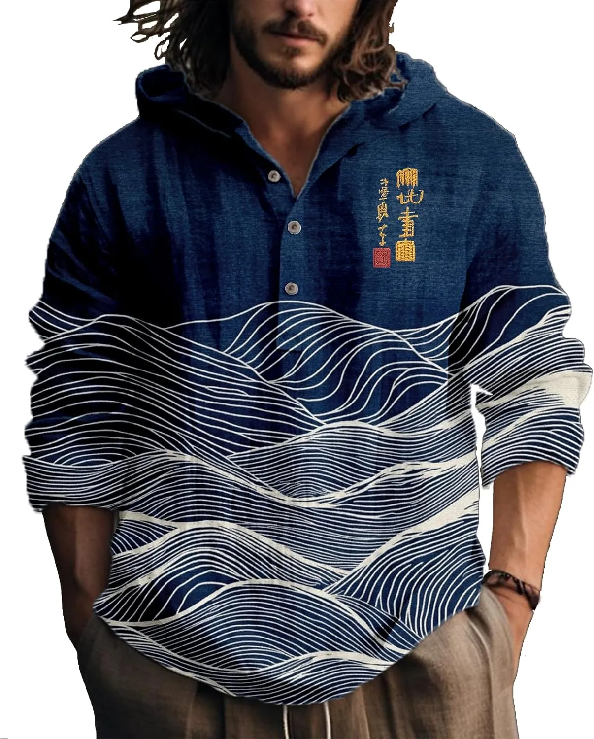 Hooded Long Sleeve Shirt Men Cool Button Up Hoodie Hippe Sweatshirt Casual Artsy Light Weight Shirts