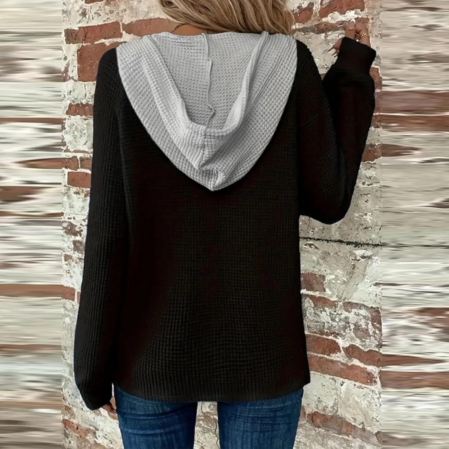 Hoodies For Women Casual Long Sleeve Shirts Oversized Drawstring Sweatshirts Button V-Neck Tunic Tops