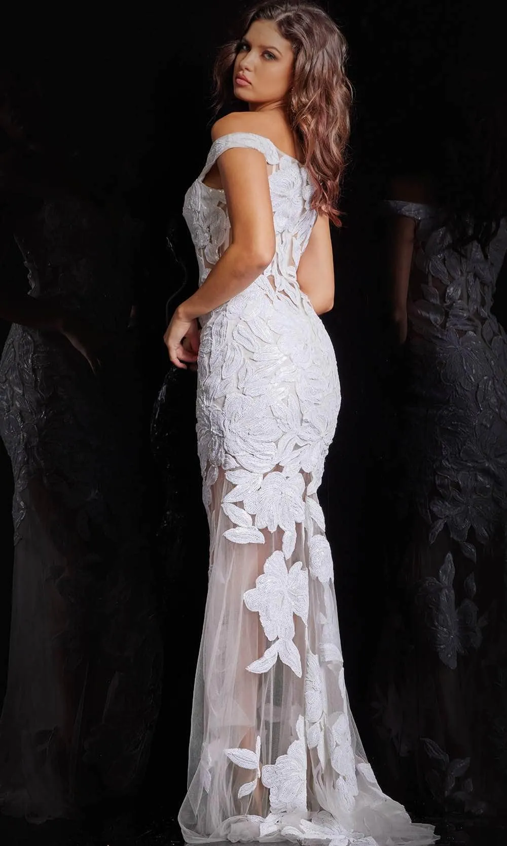 Jovani 23834 - Illusion Gown with Floral Sequins