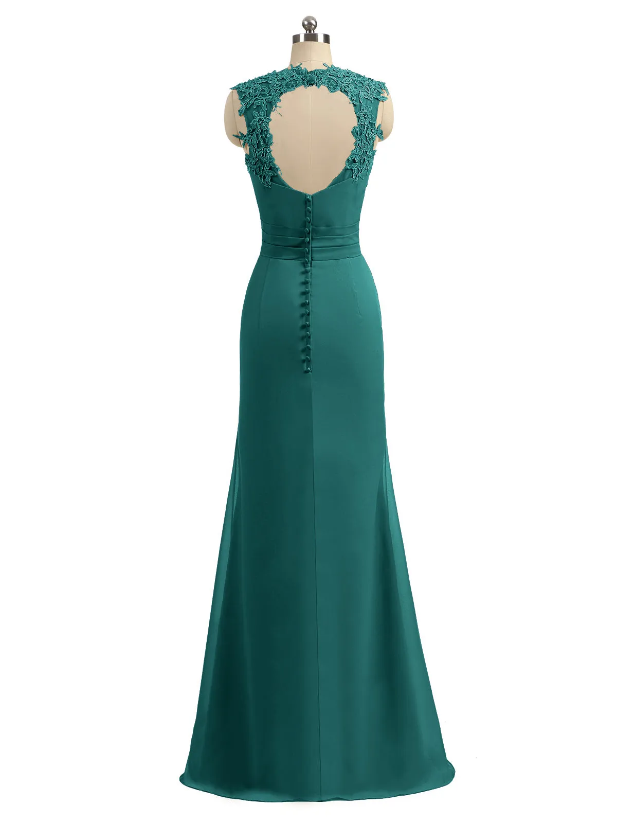 Lace Appliqued Strap Sheath Open Back Dress Peacock Plus Size