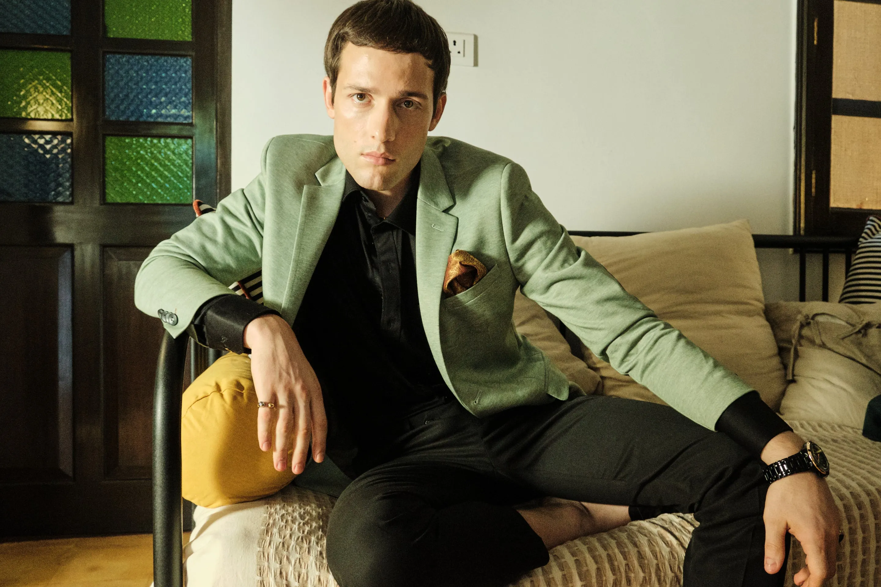 Light Green Knit Uncrushable Solid Notch Collar Jacket