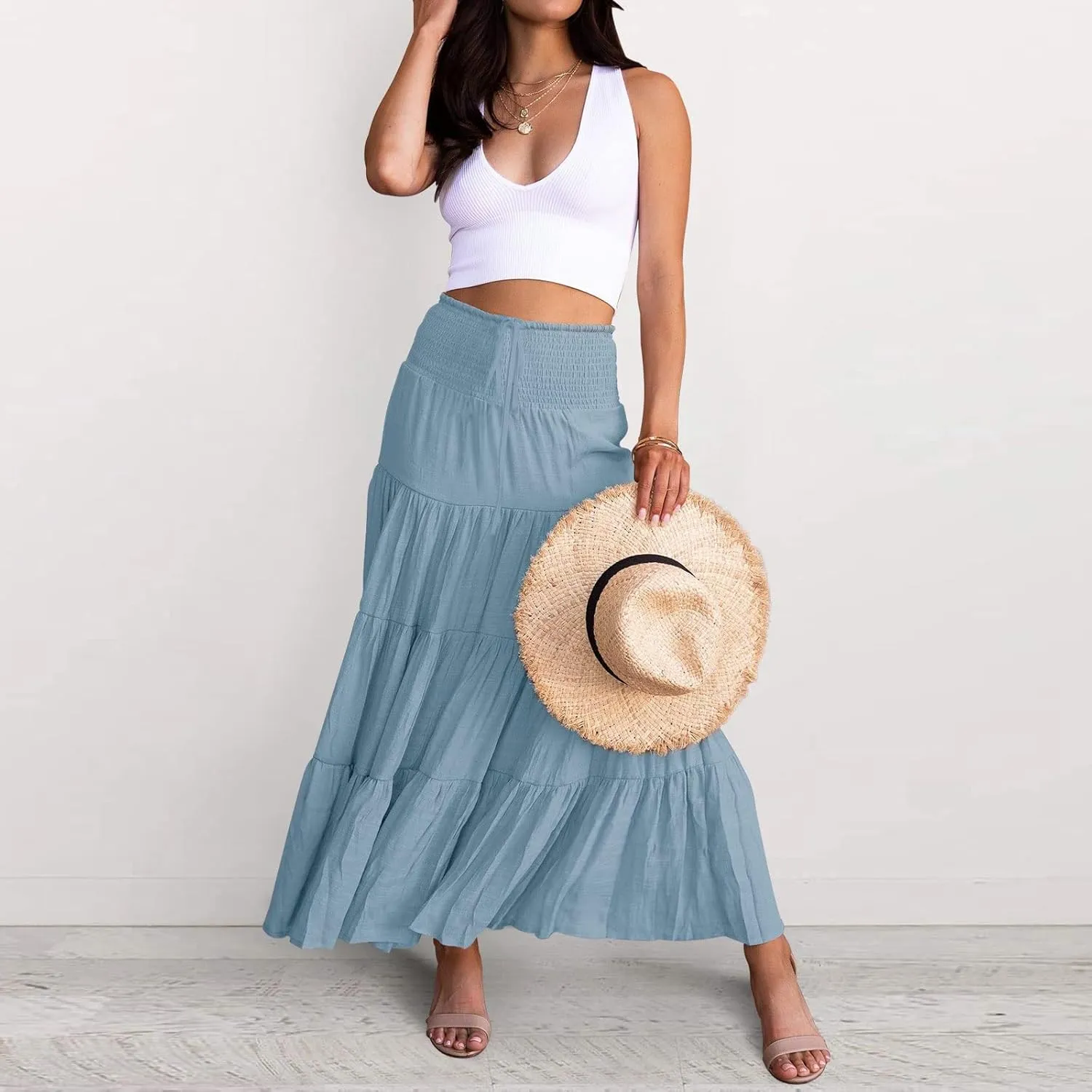 Long Pleated Skirts for Women A Line Summer High Waist Maxi Skirts Tiered Bohemian Flowy Drawstring Casual Skirts