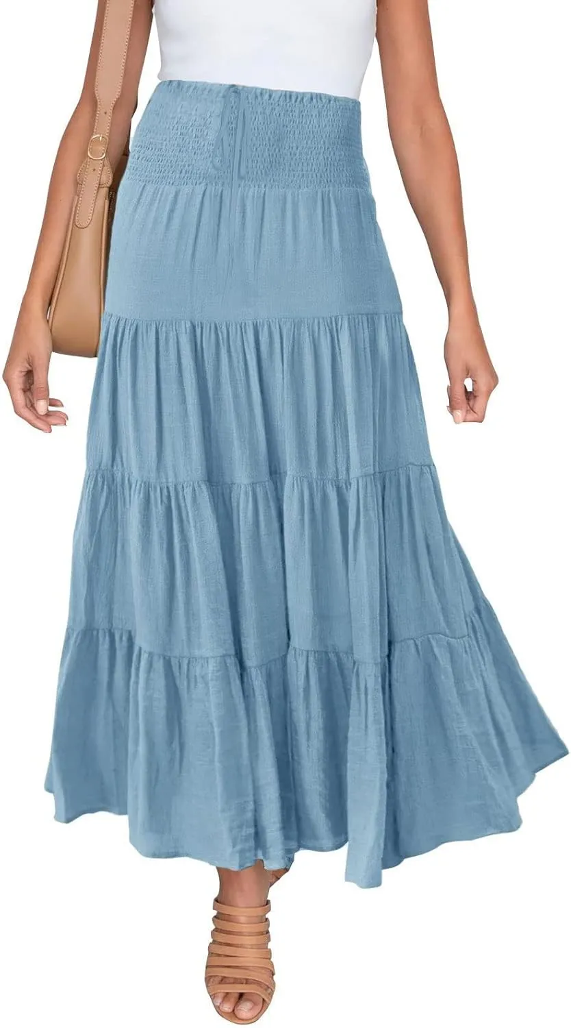 Long Pleated Skirts for Women A Line Summer High Waist Maxi Skirts Tiered Bohemian Flowy Drawstring Casual Skirts